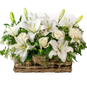 ARREGLO DE 8 ROSAS BLANCAS Y LILIUM