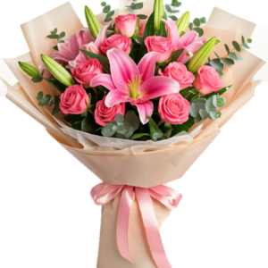 RAMO DE 12 ROSAS ROSADAS Y LILIUM ROSADO