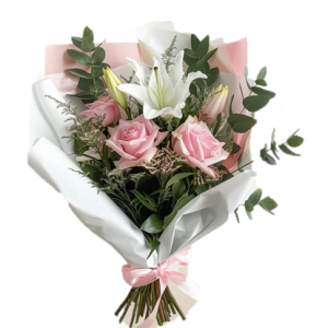 RAMO DE LILIUM BLANCO Y 4 ROSAS ROSADAS