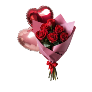 RAMO DE 6 ROSAS EN ENVOLTURA ROJA MAS 2 GLOBITO