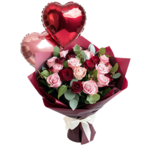 RAMO DE 26 ROSAS IMPORTADAS ROJO-ROSADA MAS 2 GLOBITO