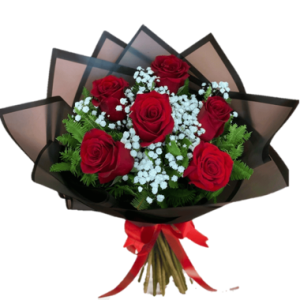 RAMO DE 6 ROSAS EN PAPEL NEGRO CON GYPSUPHIIA