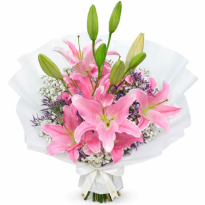RAMO DE LILIUM ORIENTALES ROSADOS CON TOQUES DE GYPSUPHILIA