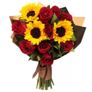 RAMO DE 9 ROSAS ROJAS IMPORTADAS Y 3 GIRASOLES