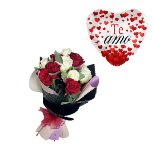 RAMO DE 10 ROSAS ROJO-BLANCO MAS GLOBITO TE AMO