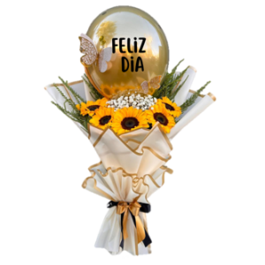 ELEGANTE RAMO DE 6 GIRASOLES Y GLOBO FELIZ DIA
