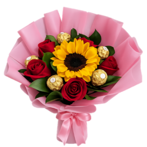LINDO RAMO DE 5 ROSAS FERREROS Y GIRASOL
