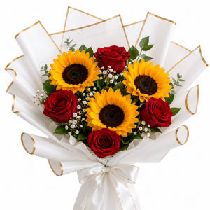 RAMO DE 3 GIRASOLES Y 4 ROSAS ROJAS IMPORTADAS