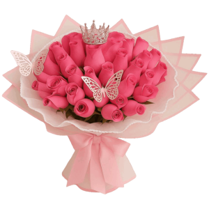 RAMO DE 35 ROSAS FUCSIA CON APLIQUE DE CORONA