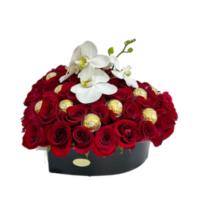 CORAZON PREMIUM DE ROSAS FERREROS Y ORQUIDEAS