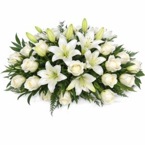 CUBRE URNA DE 20 ROSAS BLANCAS Y LILIUM